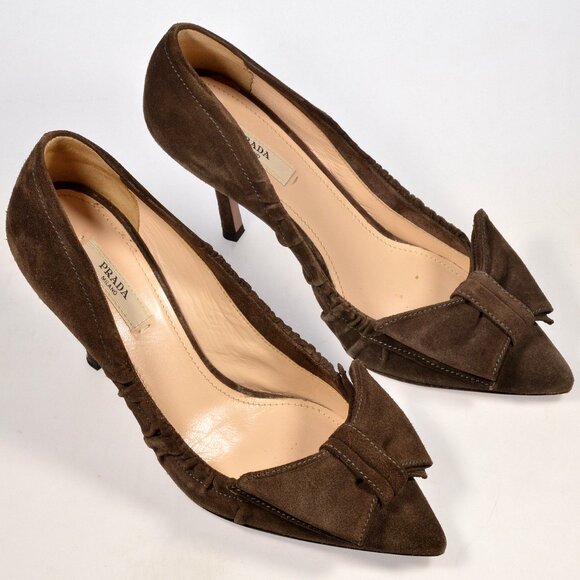 Prada Brown Suede Bow Heel Shoes Size 36 W/ Box - Picture 8 of 10
